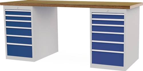 Werkbank B2000xT750xH859mm Buche-Multiplex lichtgrau/signalblau 12Schubl.