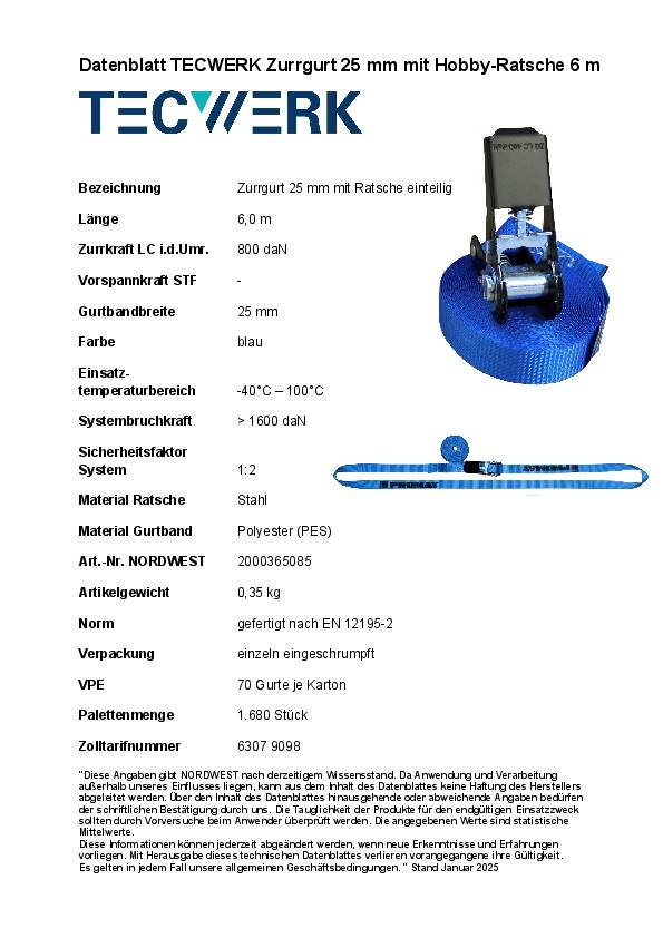 Zurrgurt DIN EN 12195-2 L.6m B.25mm m.Ratsche LC U 800 daN TECWERK