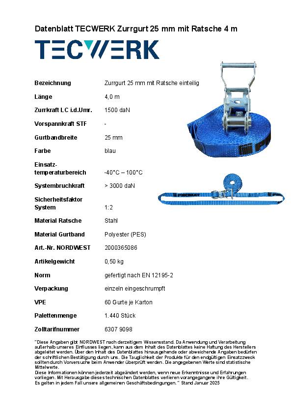 Zurrgurt DIN EN 12195-2 L.4m B.25mm m.Ratsche LC U 1500 daN TECWERK