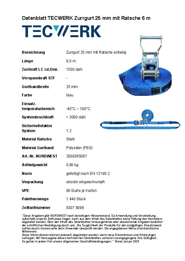 Zurrgurt DIN EN 12195-2 L.6m B.25mm m.Ratsche LC U 1500 daN TECWERK