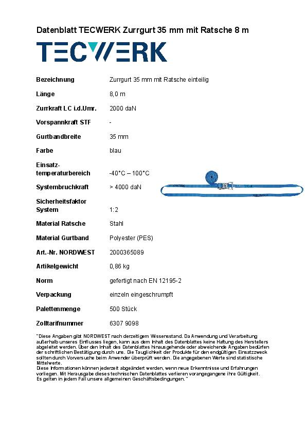 Zurrgurt DIN EN 12195-2 L.8m B.35mm m.Ratsche LC U 2000 daN TECWERK