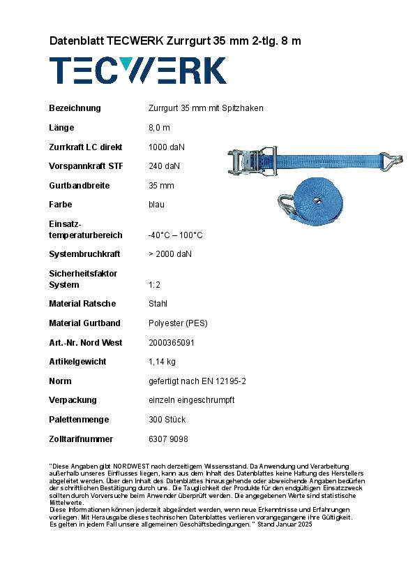 Zurrgurt DIN EN 12195-2 L.8m B.35mm m.Ratsche+Spitzh.LC U 2000 daN TECWERK