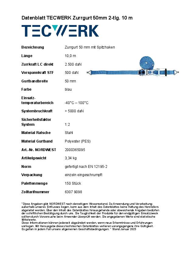 Zurrgurt DIN EN 12195-2 L.10m B.50mm m.Langhebelr.+Spitzh.LC U 5000 daN TECWERK