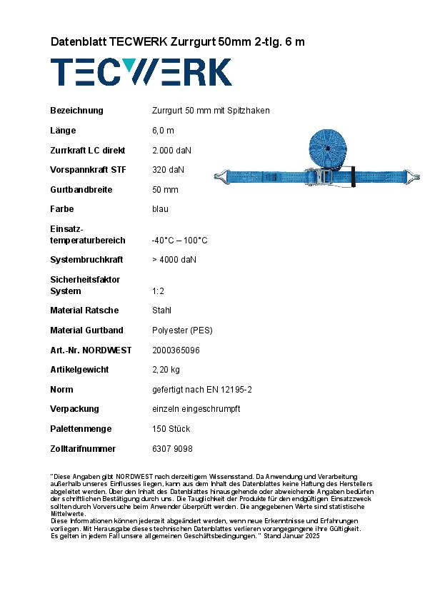 Zurrgurt DIN EN 12195-2 L.6m B.50mm m.Ratsche+Spitzh.LC U 4000 daN TECWERK