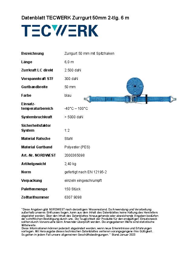 Zurrgurt DIN EN 12195-2 L.6m B.50mm m.Ratsche+Spitzh.LC U 5000 daN TECWERK