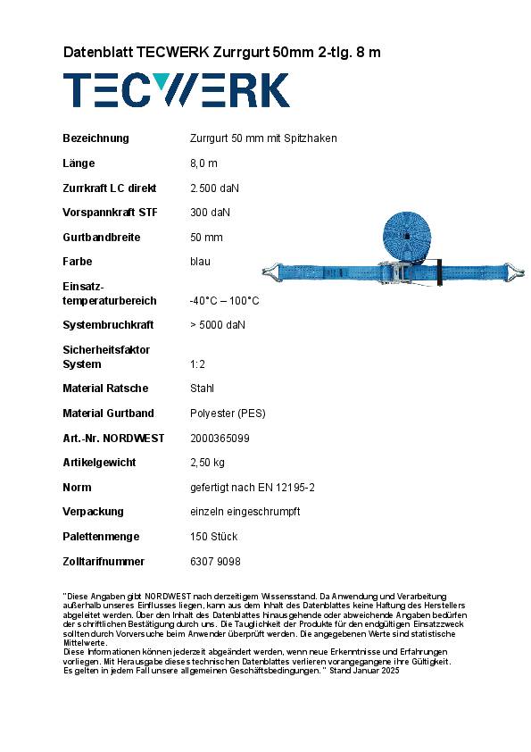 Zurrgurt DIN EN 12195-2 L.8m B.50mm m.Ratsche+Spitzh.LC U 5000 daN TECWERK
