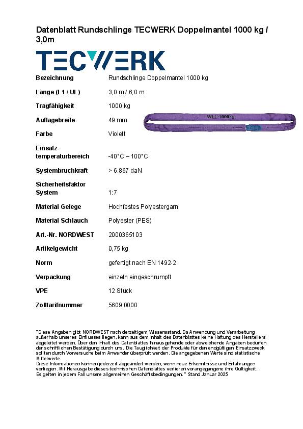Rundschlinge DIN EN 1492-2 Umfang 6m violett Tragf.einf.1000kg TECWERK