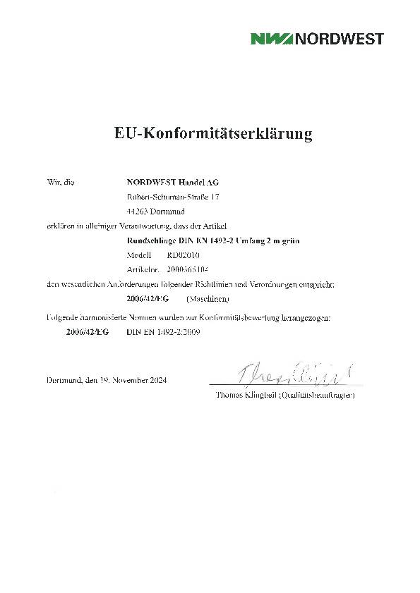 Rundschlinge DIN EN 1492-2 Umfang 2m grün Tragf.einf.2000kg TECWERK