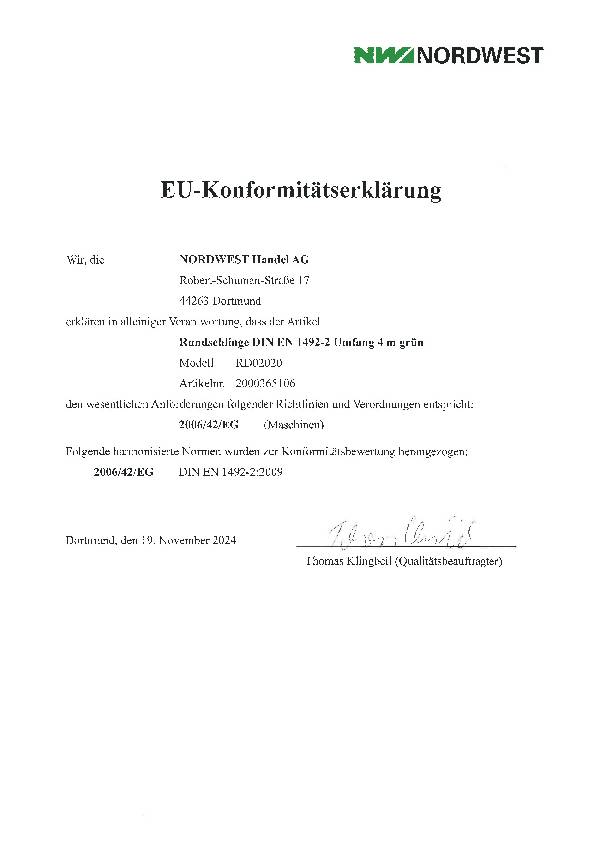 Rundschlinge DIN EN 1492-2 Umfang 4m grün Tragf.einf.2000kg TECWERK