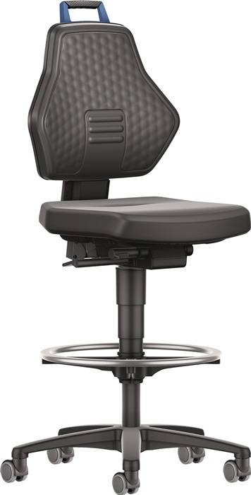 Arbeitsdrehstuhl Rl.+Fußring Kunstleder schwarz Grifffarbe blau 580-860mm TW