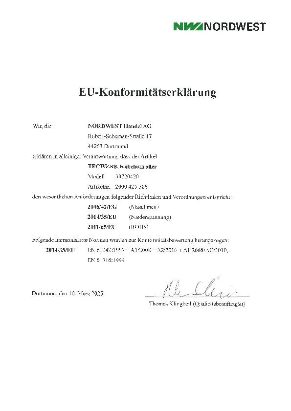 Kabelaufroller Kabel-L.12m autom.Schutzart IP44 TECWERK