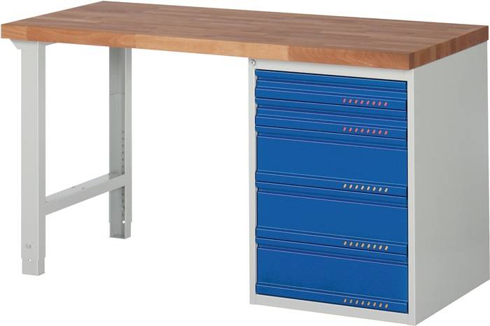Werkbank Ser.BK 650 B1500xT700xH840mm Buche massiv grau/blau 5 Schubl.TECWERK