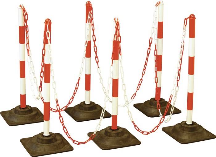 Sperrpfostenset PE/PVC rot/weiß m.Hartgummifuß D40xH860mm 6 Warnstäbe,10m Kette