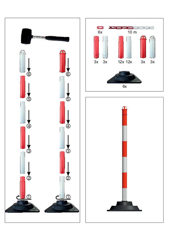 Sperrpfostenset PE/PVC rot/weiß m.Hartgummifuß D40xH860mm 6 Warnstäbe,10m Kette