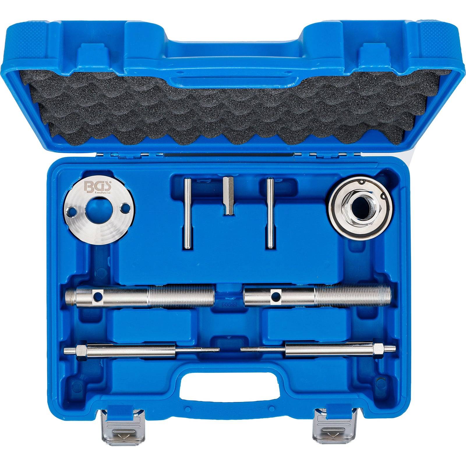 Ein blauer Werkzeugkoffer, der einen Nockenwellenausrichtungswerkzeug-Satz enthält, der für präzise Motorwartung und -reparatur entwickelt wurde, mit verschiedenen Metallwerkzeugen.