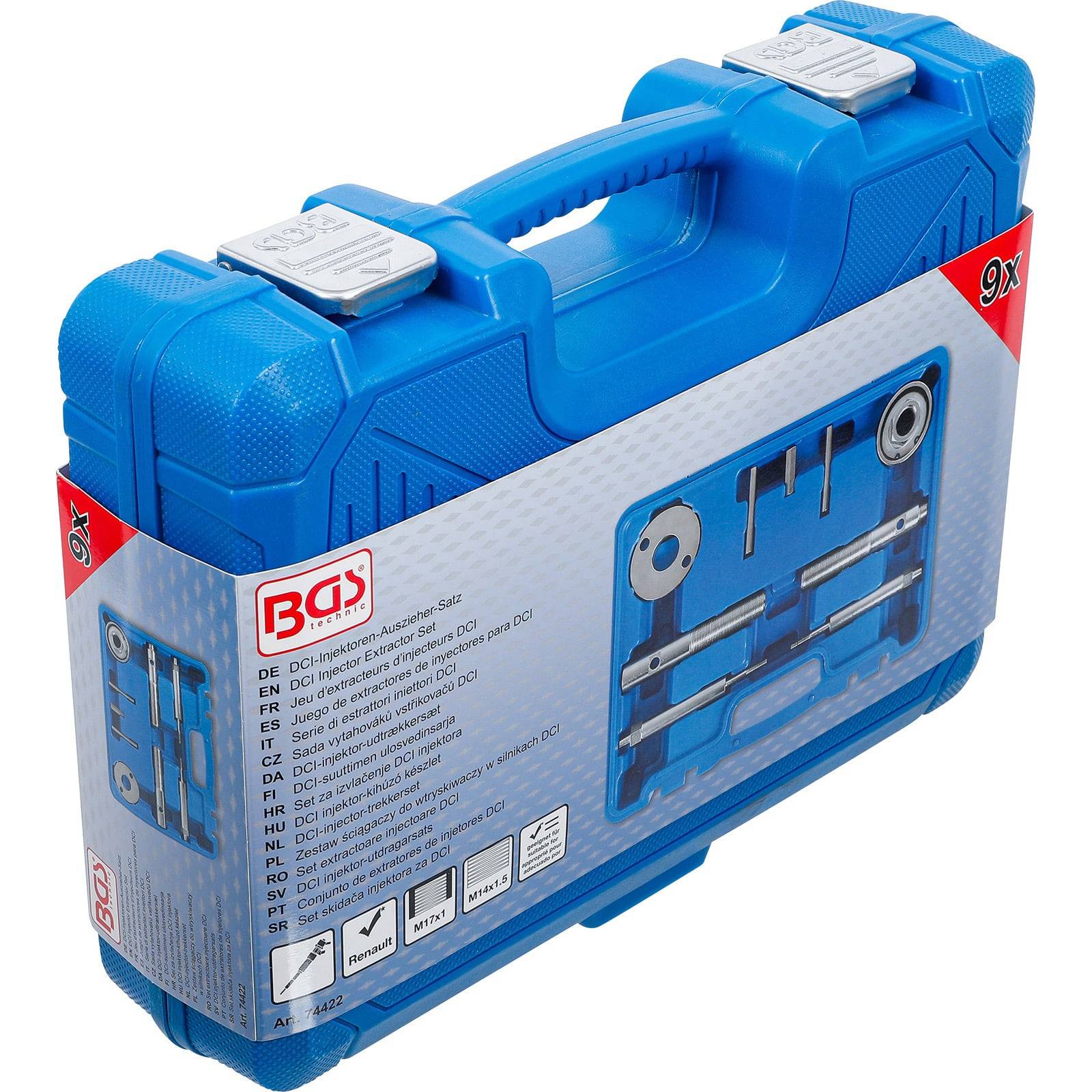 Eine blaue Plastikbox, die einen Satz Autozubehör enthält, mit Beschriftungen in mehreren Sprachen, die eine Abbildung der Werkzeuganordnung im Inneren zeigt.