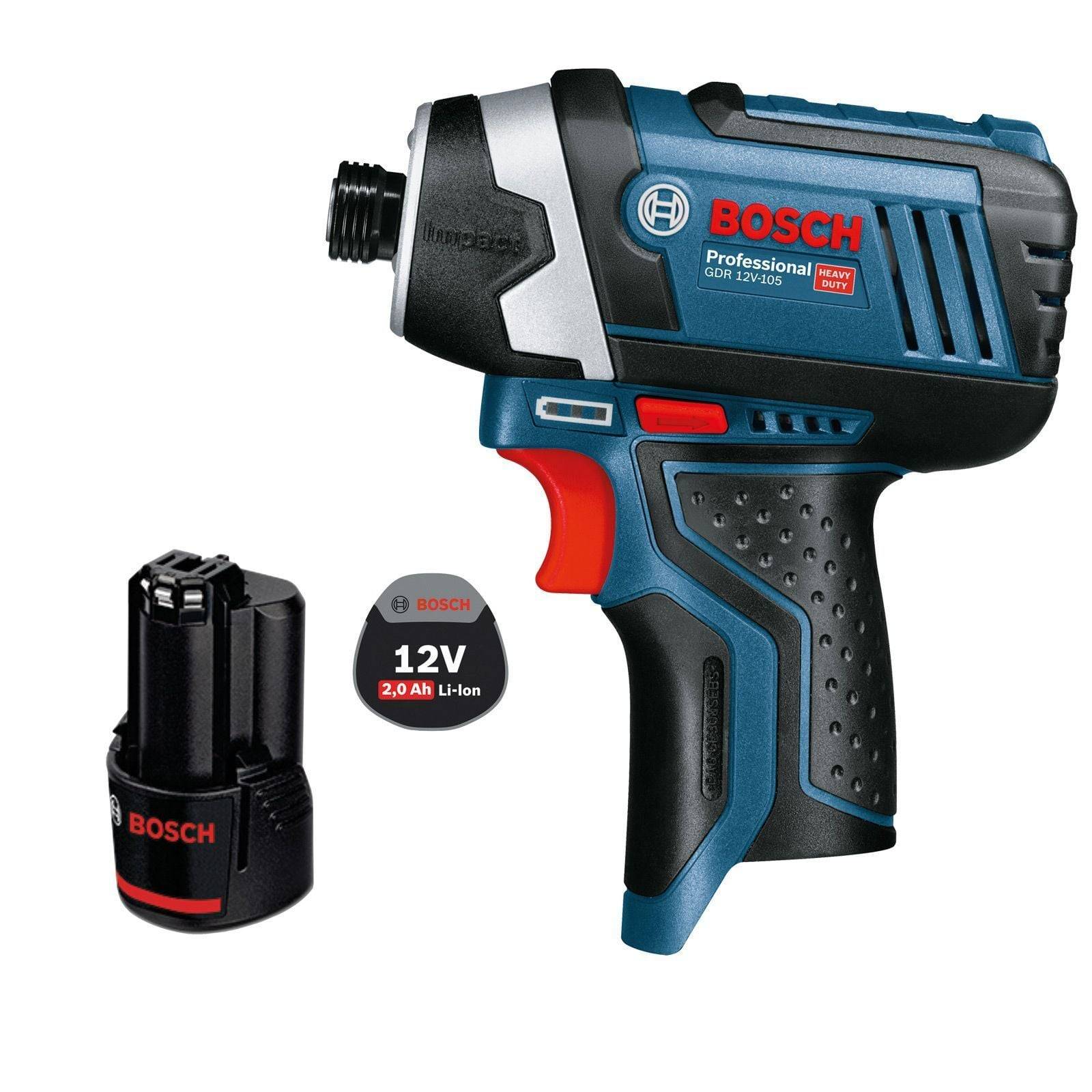 Ein professioneller Bosch-Akku-Bohrschrauber mit 12V und einem Li-Ionen-Akku daneben, der sein ergonomisches Design und seine kompakte Größe präsentiert.