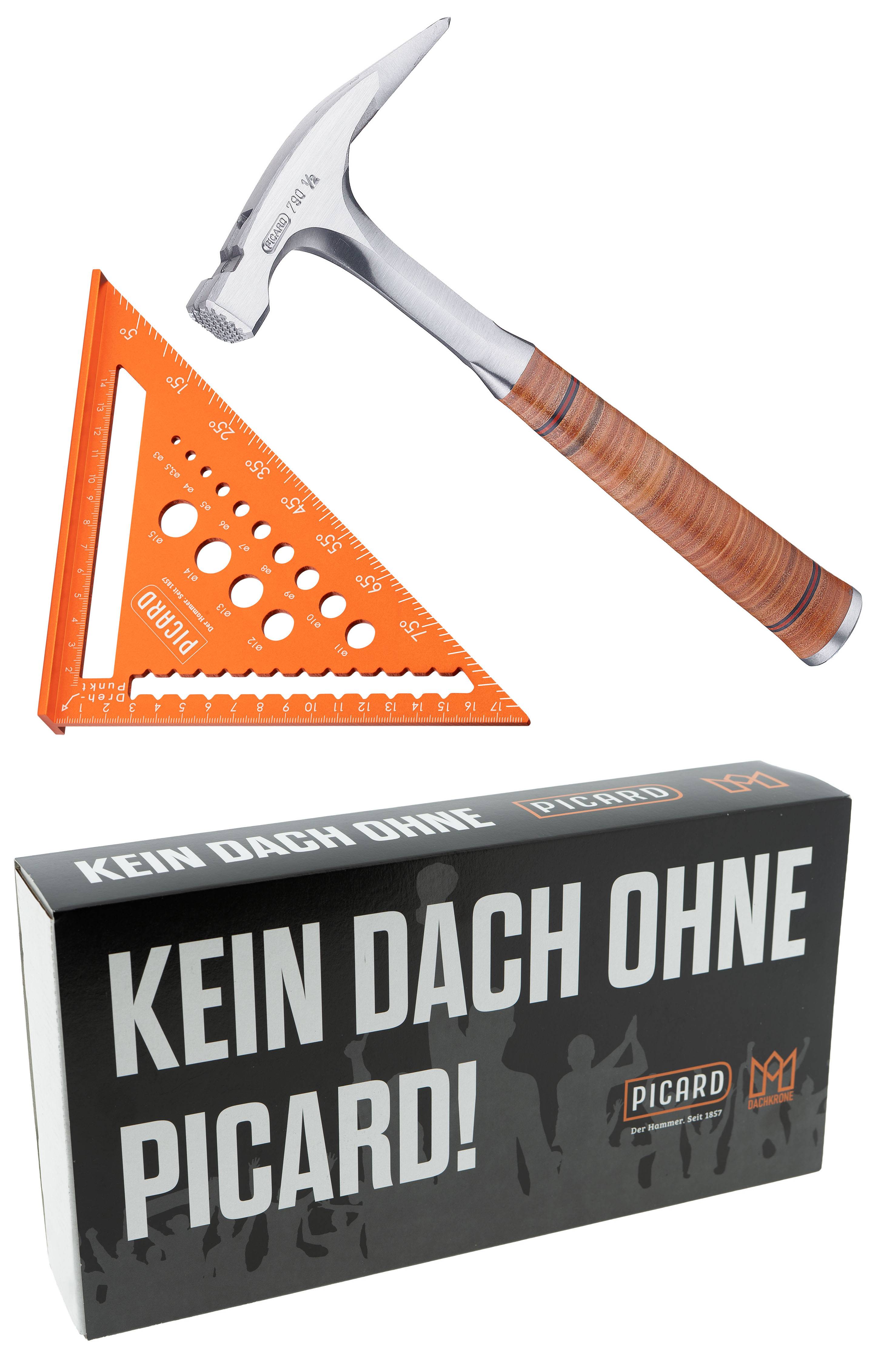 DACHKRONE Set 3 – PICARD Ganzstahl-Latthammer Nr. 790 1/2 & Zimmermannswinkel 180 mm mit Bohrlehre