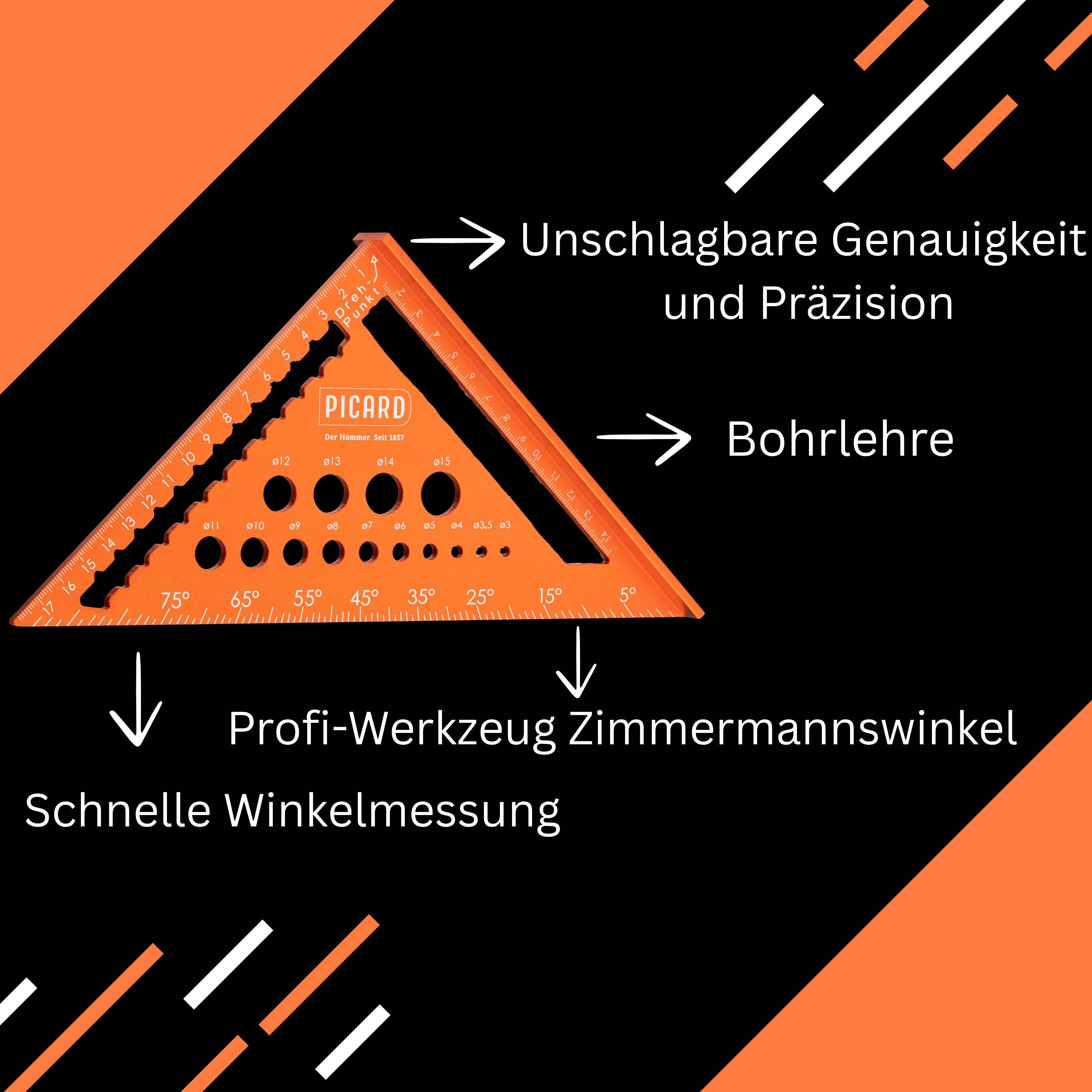 DACHKRONE Set 3 – PICARD Ganzstahl-Latthammer Nr. 790 1/2 & Zimmermannswinkel 180 mm mit Bohrlehre
