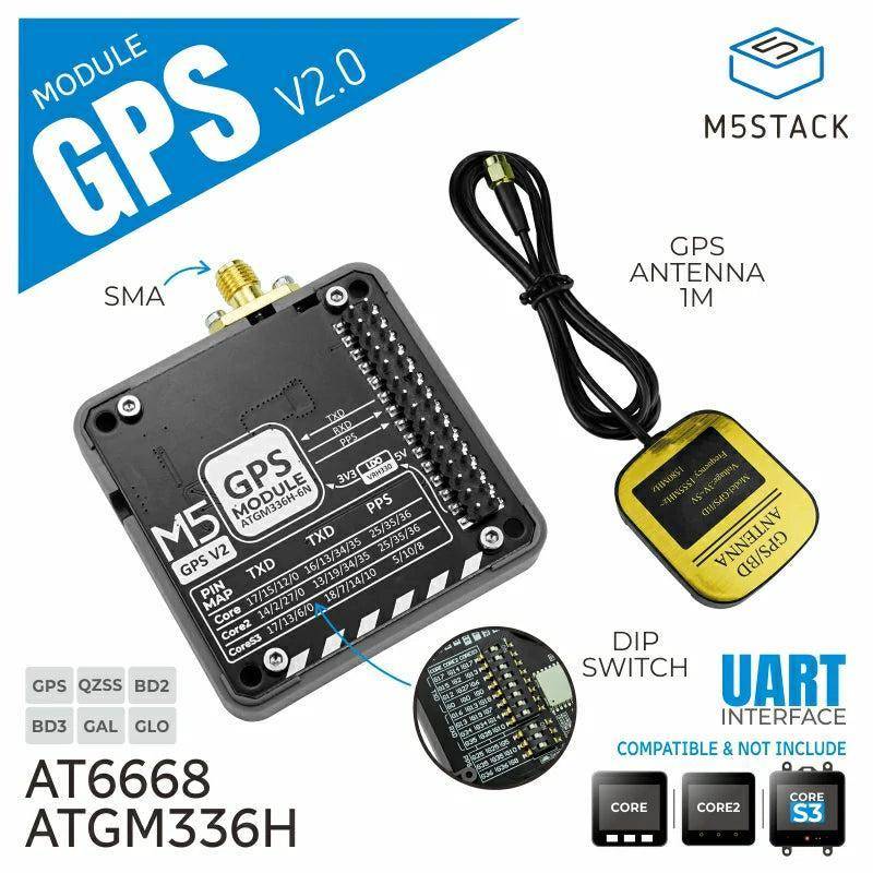 M5Stack GPS Modul v2.0 mit externer Antenne, AT6668, GNSS Modul, GPS, GALILEO, QZSS, 50 Kanäle, 5V