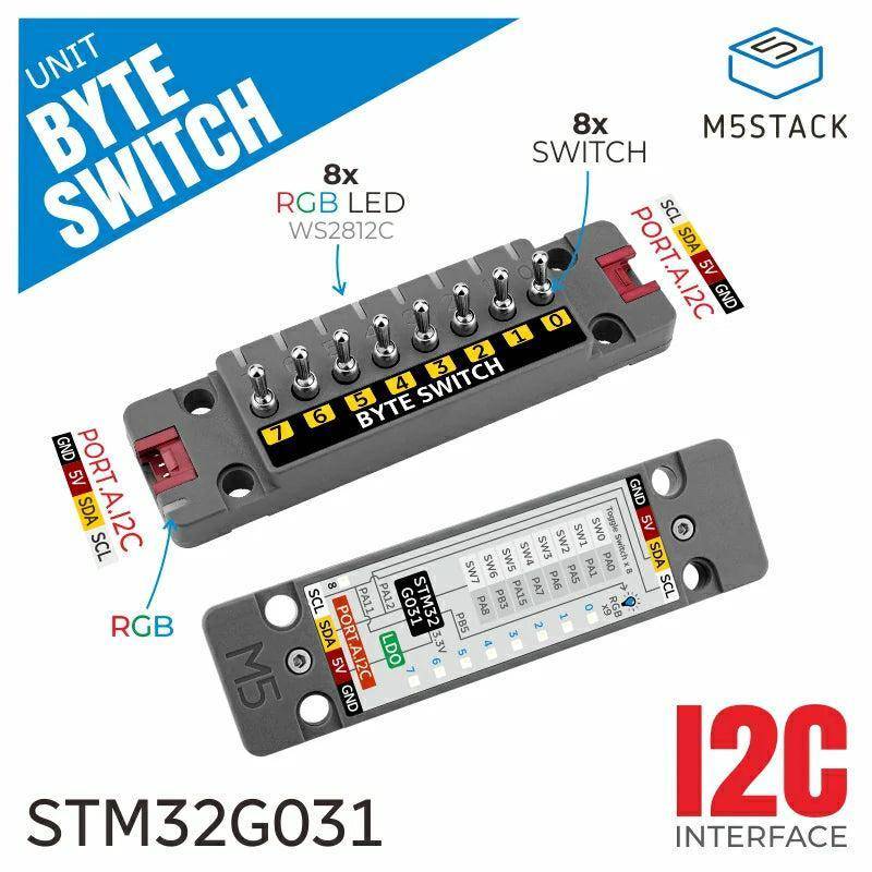 M5Stack Byte Switch Unit, Eingabemodul, 8 Schalter, STM32G031 Controller, RGB-LED-Anzeige, 5V