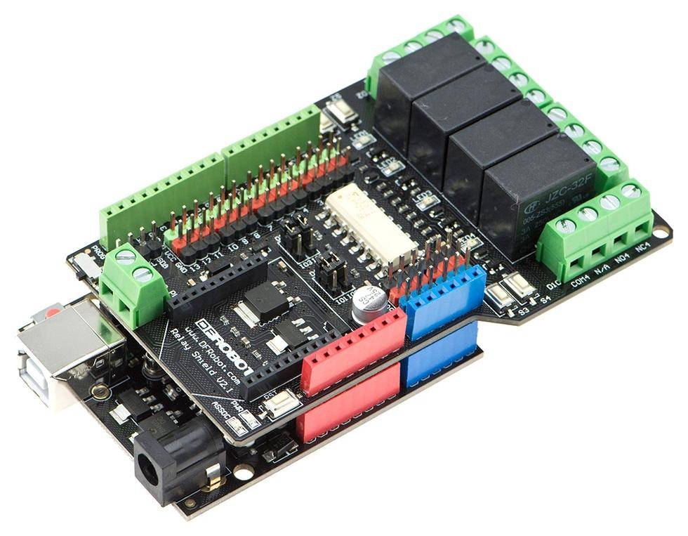 DFRobot 4-Kanal-Relais-Shield, 4 Relais, Optokoppler, XBee-Sockel, Arduino UNO kompatibel, 5A 240V