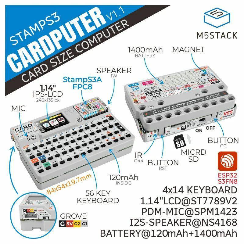 M5Stack Cardputer v1.1 mit optimierten Antennen, 1,14 Zoll TFT, 56 Tasten, Grove, MicroSD, 1520mAh