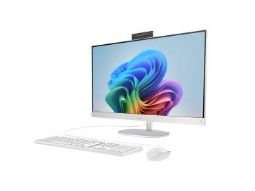 Ein schlankes, modernes Computer-Setup mit einem dünnen Monitor, der ein buntes abstraktes Design zeigt, ergänzt durch eine weiße Tastatur und eine weiße Maus.