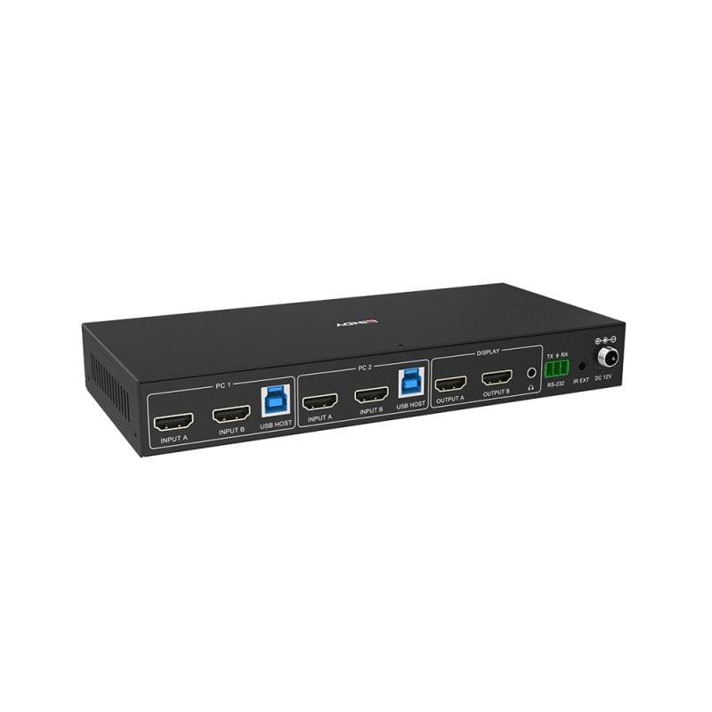 Schwarze AV-Umschalterbox mit beschrifteten HDMI- und USB-Anschlüssen für PC 1 und PC 2, Anzeigeausgängen und Stromversorgungssteuerung auf der Vorderseite.