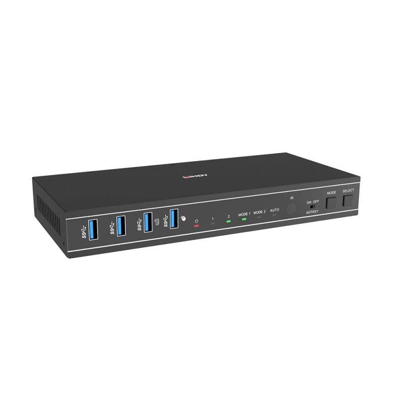 Schwarzer Desktop-Netzwerk-Switch oder Hub mit mehreren vorderen USB- und Ethernet-Anschlüssen, Modusleuchten und Netzschaltern auf weißem Hintergrund.