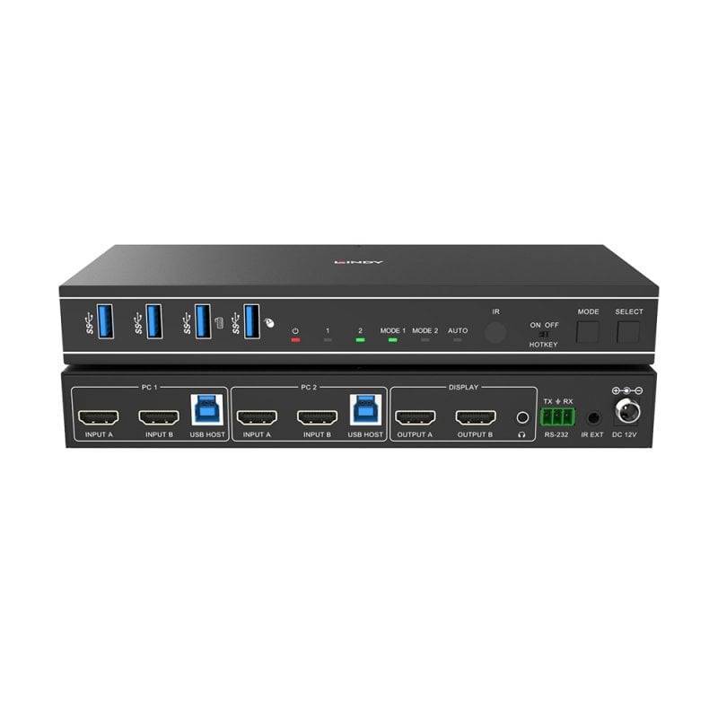 Zwei übereinander gestapelte schwarze AV-Switchergeräte mit mehreren HDMI- und USB-Anschlüssen, Anzeigelichtern, Modus-/Auswahlschaltflächen und Stromversorgung/RS-232-Anschlüssen.