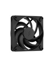 Ein schwarzer Computer-Kühlventilator mit kreisförmigem Design und mehreren Rotorblättern, eingebaut in einen quadratischen Rahmen.