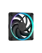 Schwarzer RGB-Computer-Kühlungsventilator mit leuchtend beleuchtetem Außenring und fünf Schaufeln auf weißem Hintergrund.
