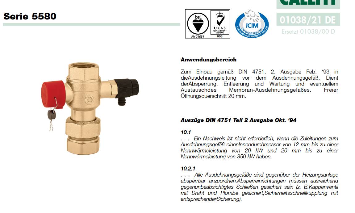 Caleffi 5580 Kappenventil für Ausdehnungsgefäß mit Entleerung 3/4"