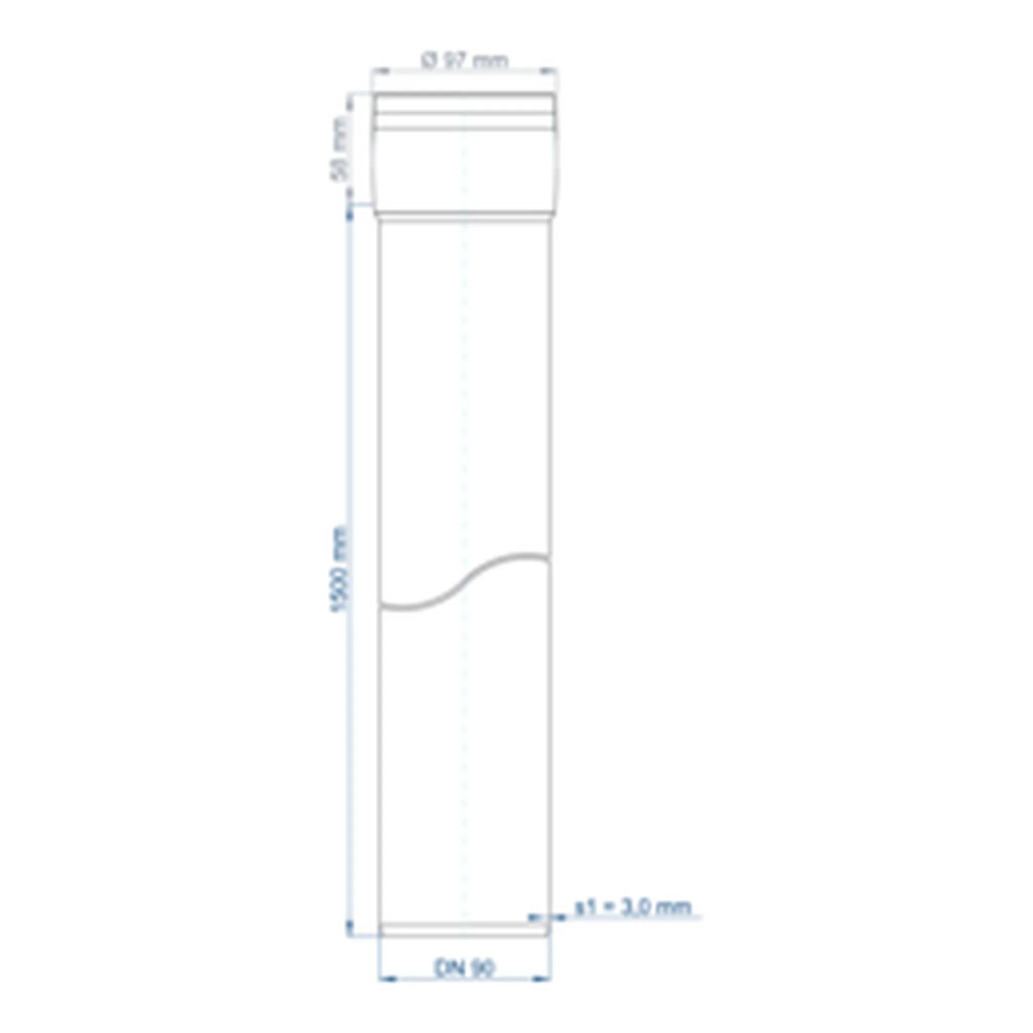 Technische Zeichnung einer hohen zylindrischen Flasche mit Verschluss, mit Abmessungen einschließlich 87 mm Durchmesser und 590 mm Höhe.