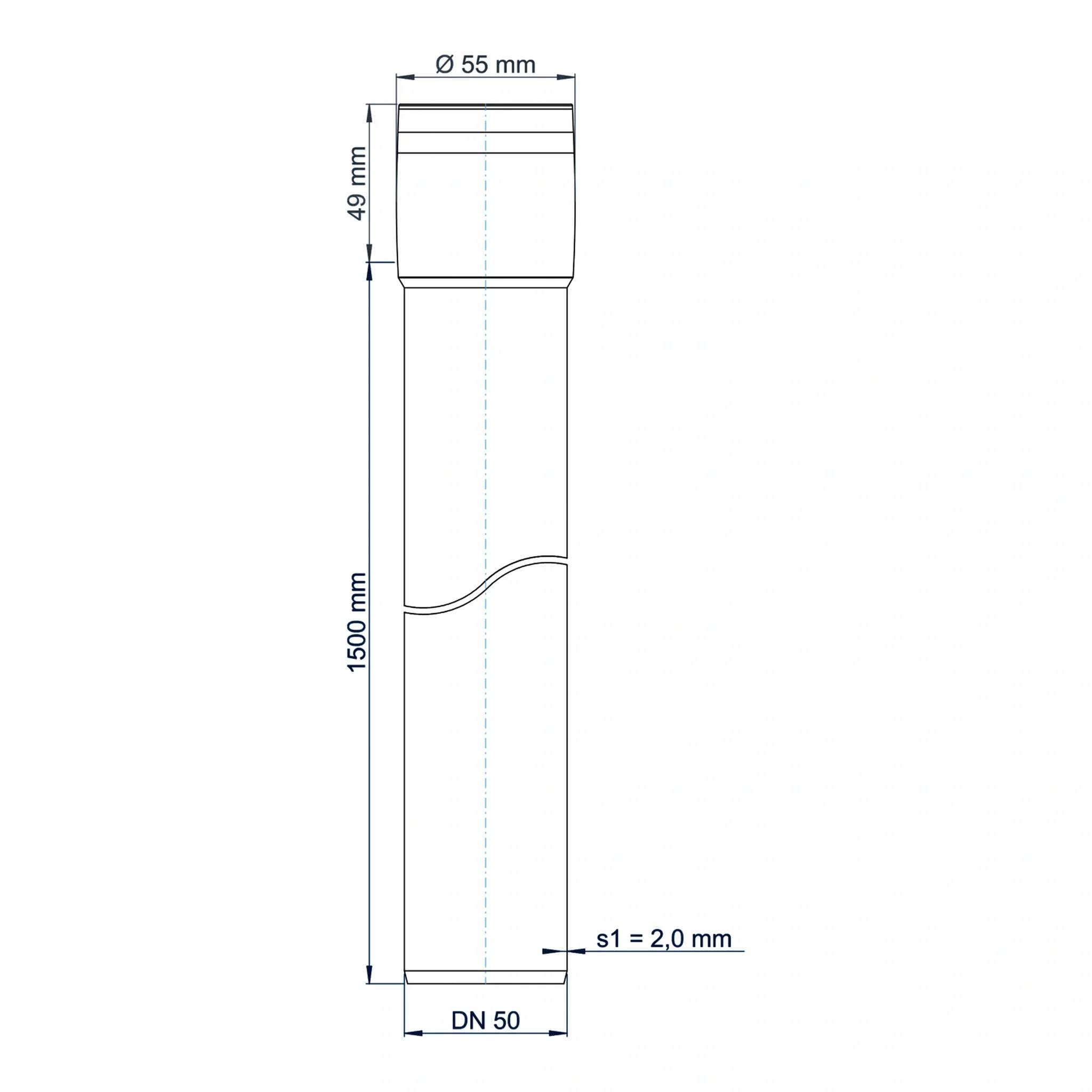 Technische Zeichnung eines zylindrischen Rohrabschnitts mit der Bezeichnung DN 50, 1500 mm lang, 55 mm Durchmesser, 2,0 mm Wanddicke, mit einer welligen Bruchlinie, die die ausgelassene Länge anzeigt.