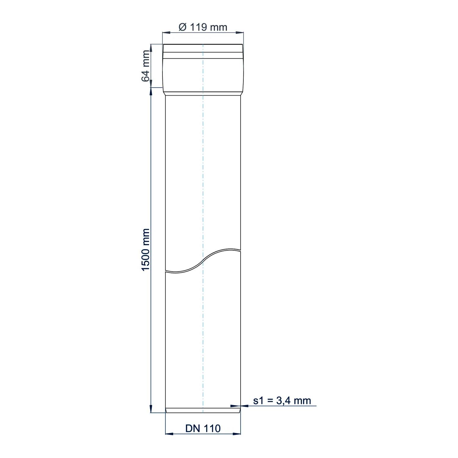 Technische Zeichnung eines vertikalen zylindrischen Rohrs oder Kanals mit folgenden Abmessungen: 1500 mm Höhe, 119 mm oberer Durchmesser, DN 110 Basis und 3,4 mm Wandstärke.