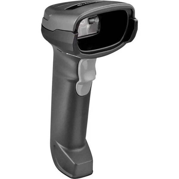 Tragbarer Barcode-Scanner mit schwarzem und grauem Gehäuse und Auslöseknopf, gezeigt auf einfachem weißem Hintergrund.