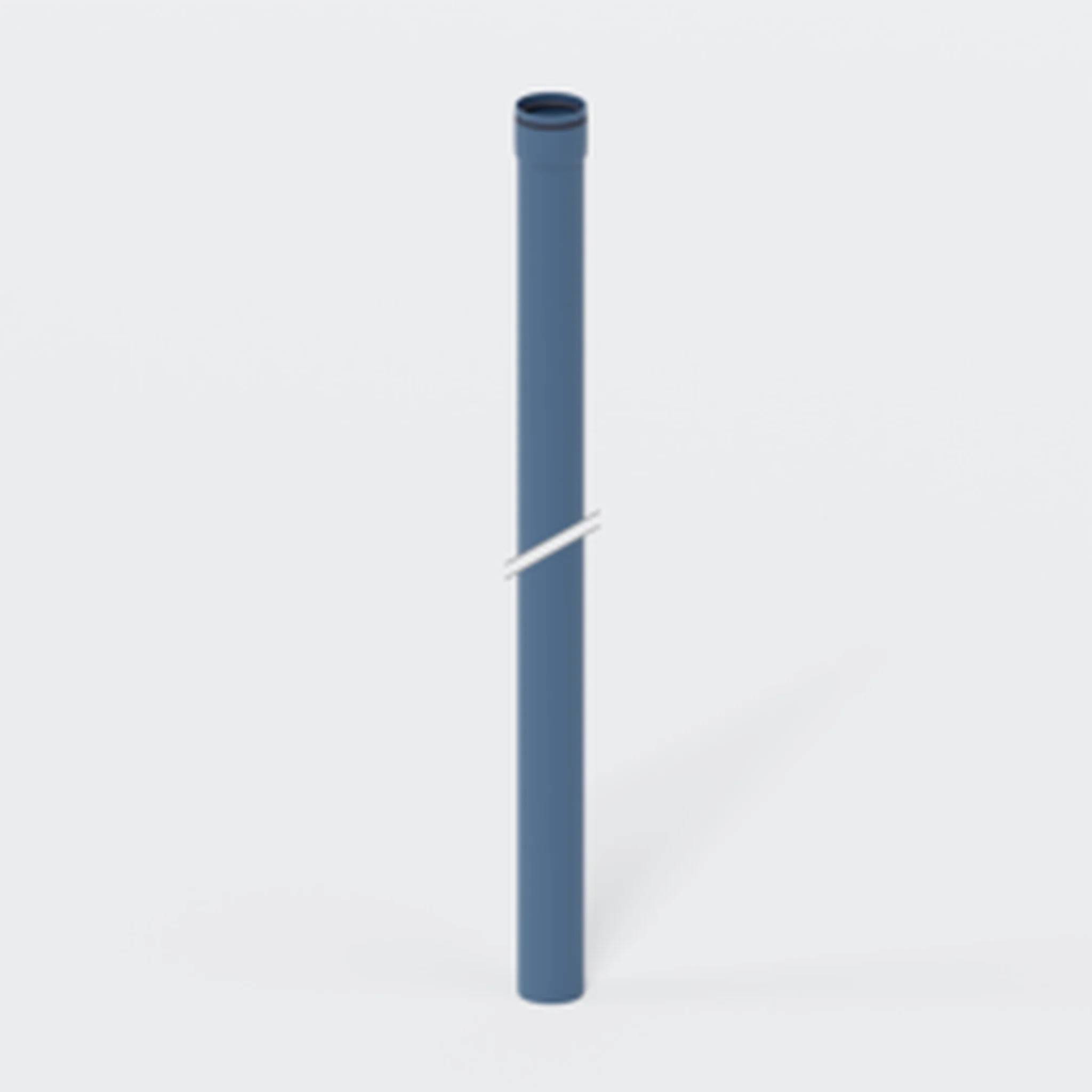 Blaue zylindrische Röhre, die aufrecht auf weißem Hintergrund steht, mit einem kleinen weißen diagonalen Band in der Mitte.