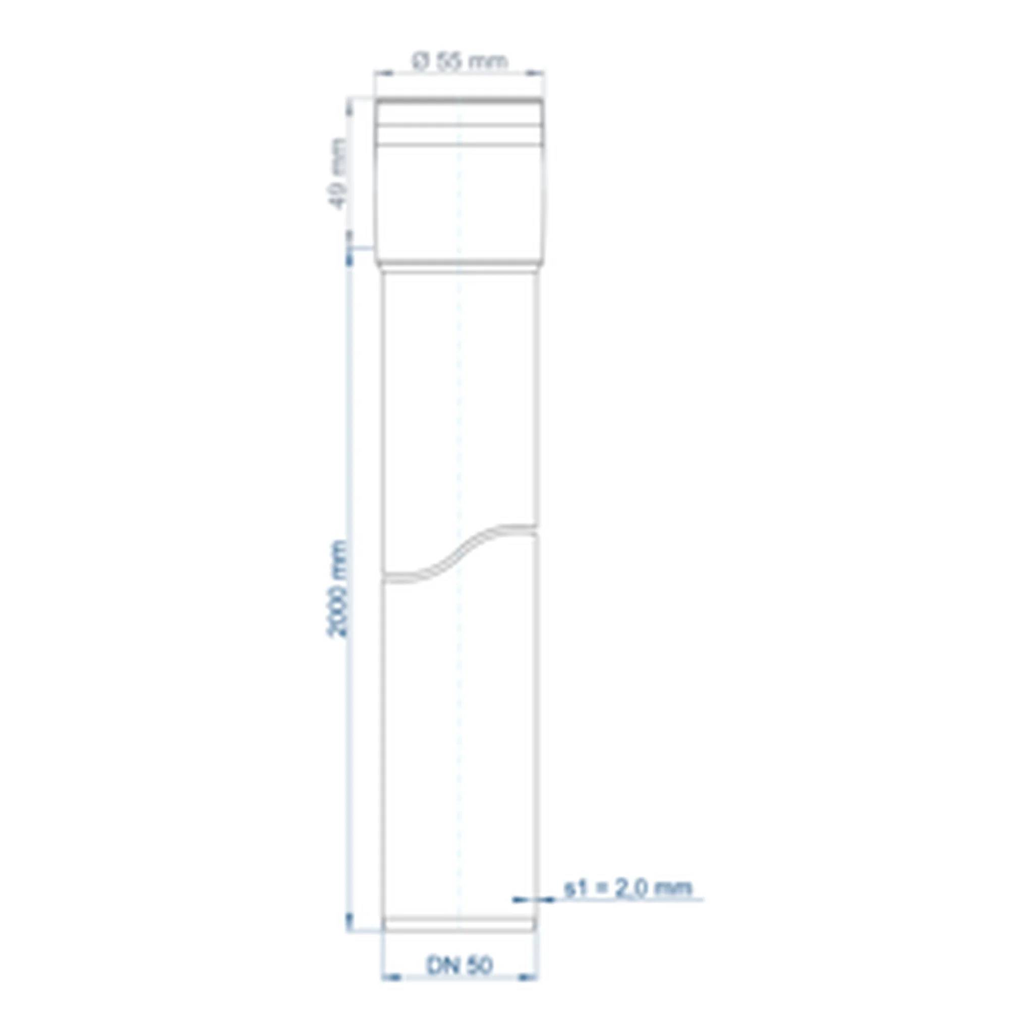 Technische Zeichnung eines Rohrs oder einer Röhre, Seitenansicht mit Abmessungen: 55 mm oberer Durchmesser, 2000 mm Länge, 50 mm unterer Durchmesser und 2,0 mm Wandstärke.