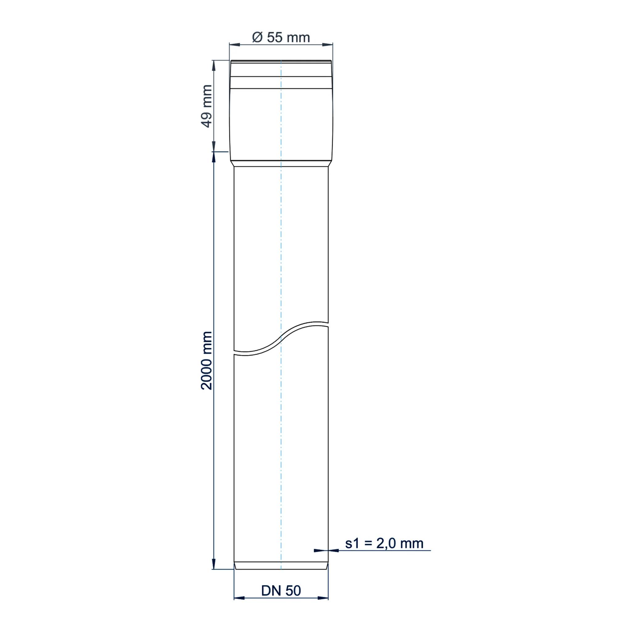 Technische Zeichnung eines zylindrischen Rohrabschnitts mit der Bezeichnung DN 50, 2000 mm Länge, 55 mm Durchmesser, 2,0 mm Wandstärke, mit abgestuftem Oberteil und gekrümmtem Ausschnitt.
