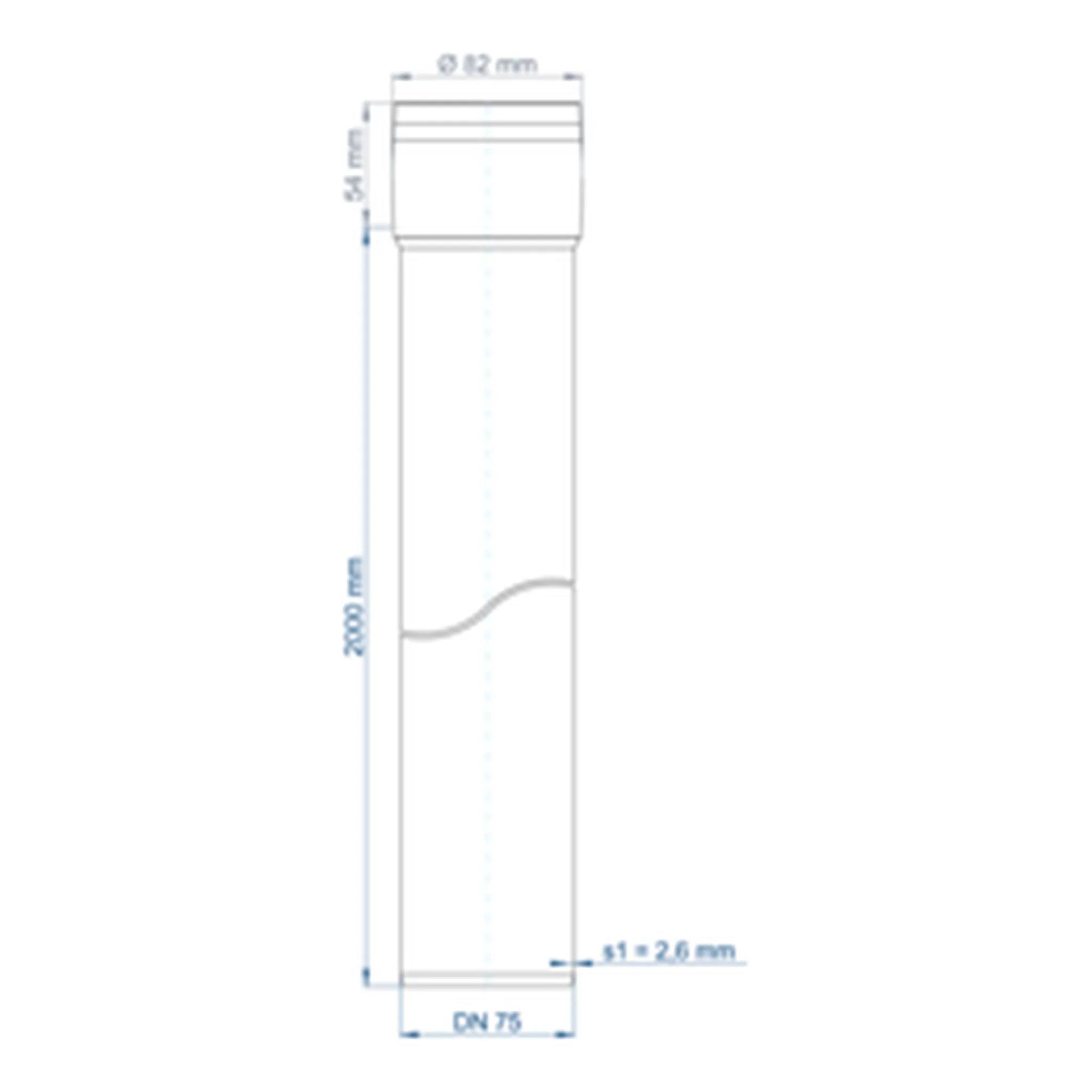 Technische Zeichnung eines hohen zylindrischen Rohrs oder Kanals mit der Bezeichnung DN 75, mit den Abmessungen Ø 82 mm, 54 mm oberer Abschnitt, 2000 mm Höhe und 3,2 mm Wandstärke.