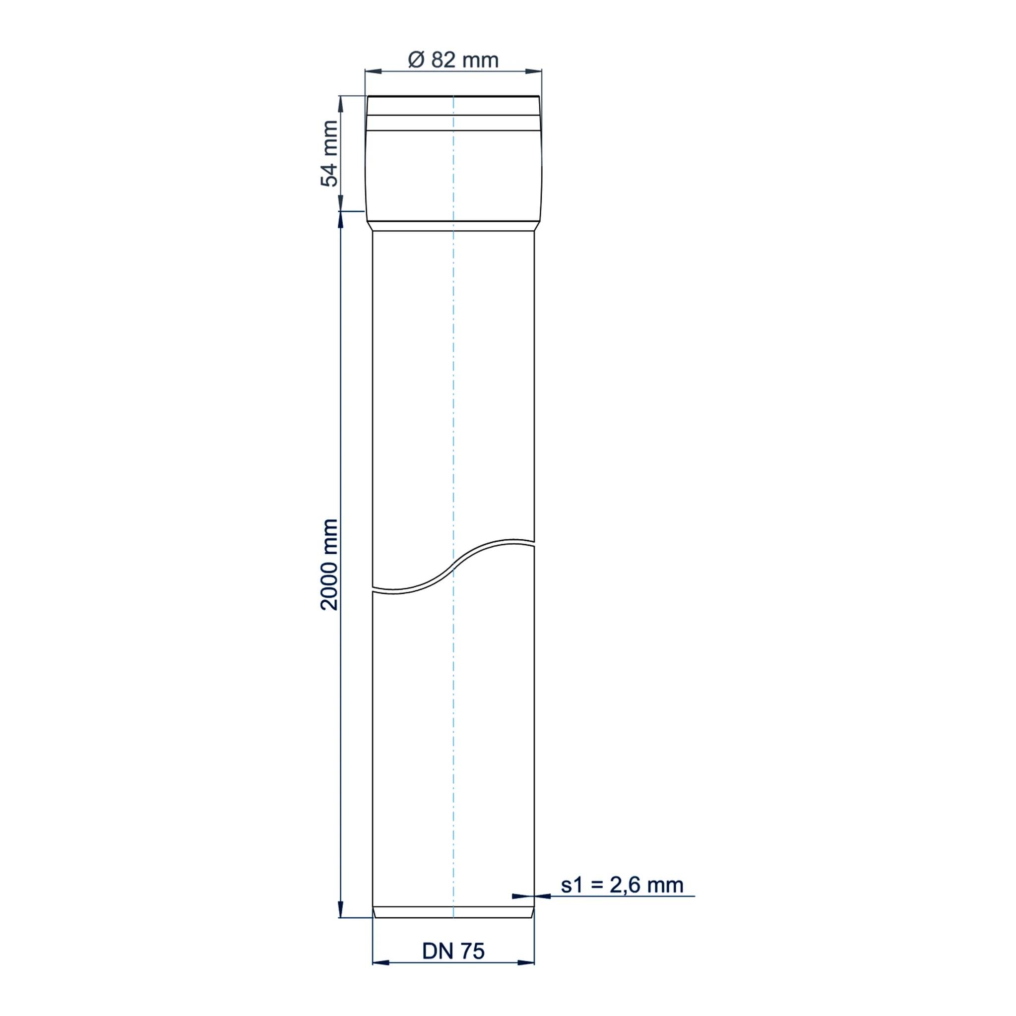 Technische Zeichnung eines vertikalen Rohrabschnitts mit der Bezeichnung DN 75, 2000 mm Höhe, 82 mm oberer Durchmesser, 54 mm oberes Segment und 2,6 mm Wanddicke.