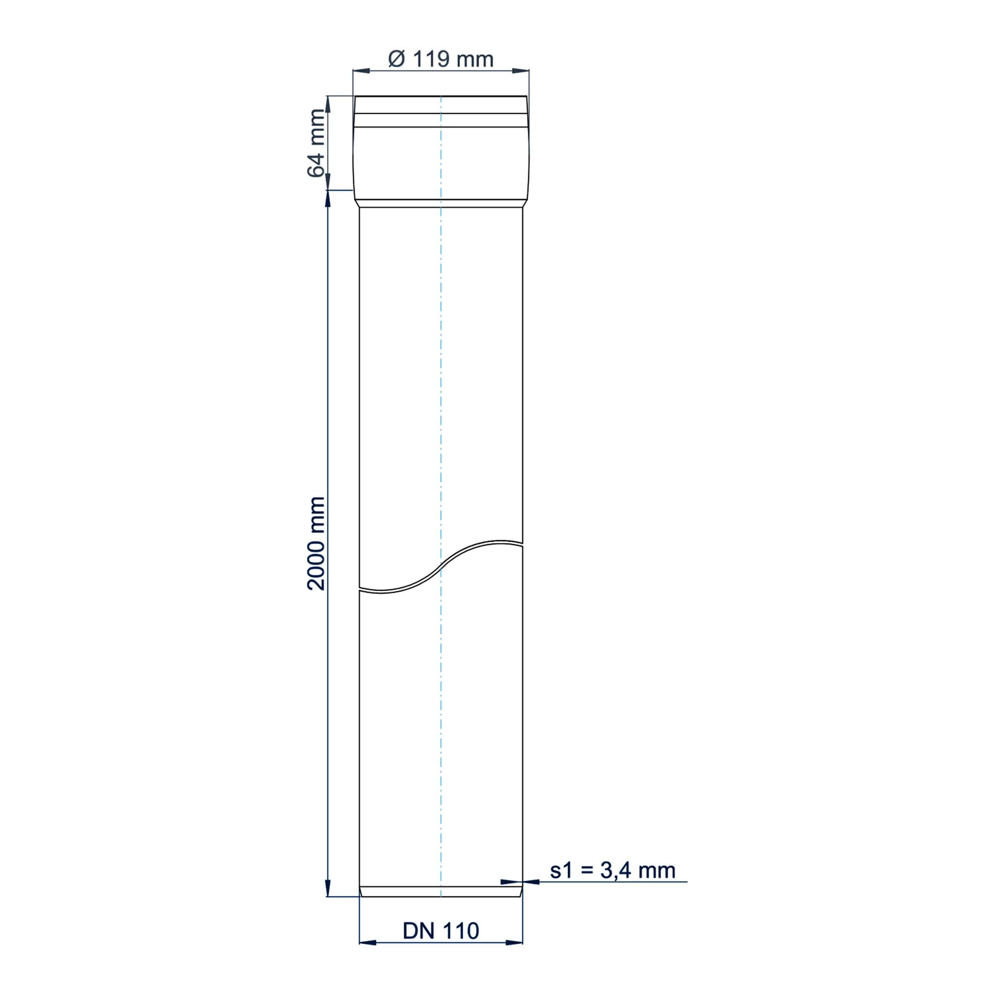 Technische Zeichnung eines zylindrischen Rohrs mit Abmessungen: 2000 mm Höhe, 119 mm oberer Durchmesser, DN 110 Basis, 3,4 mm Wanddicke und 64 mm oberer Abschnitt.