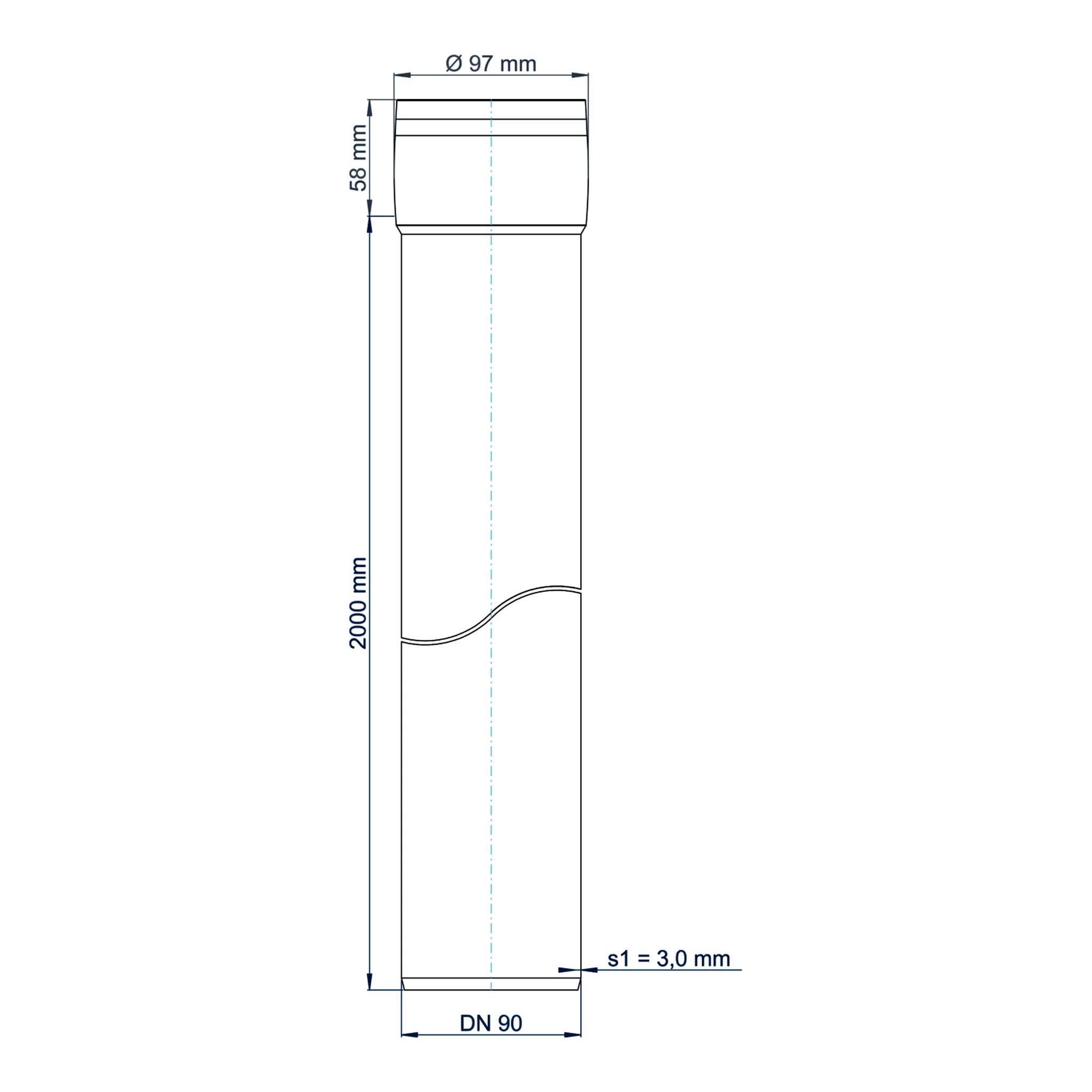 Technische Zeichnung eines zylindrischen Rohrs oder Kanals mit der Bezeichnung Ø97 mm, 2000 mm lang, DN 90, Wandstärke s1 = 3,0 mm, mit abgestuftem Oberteil und gekrümmtem Seitenprofil.