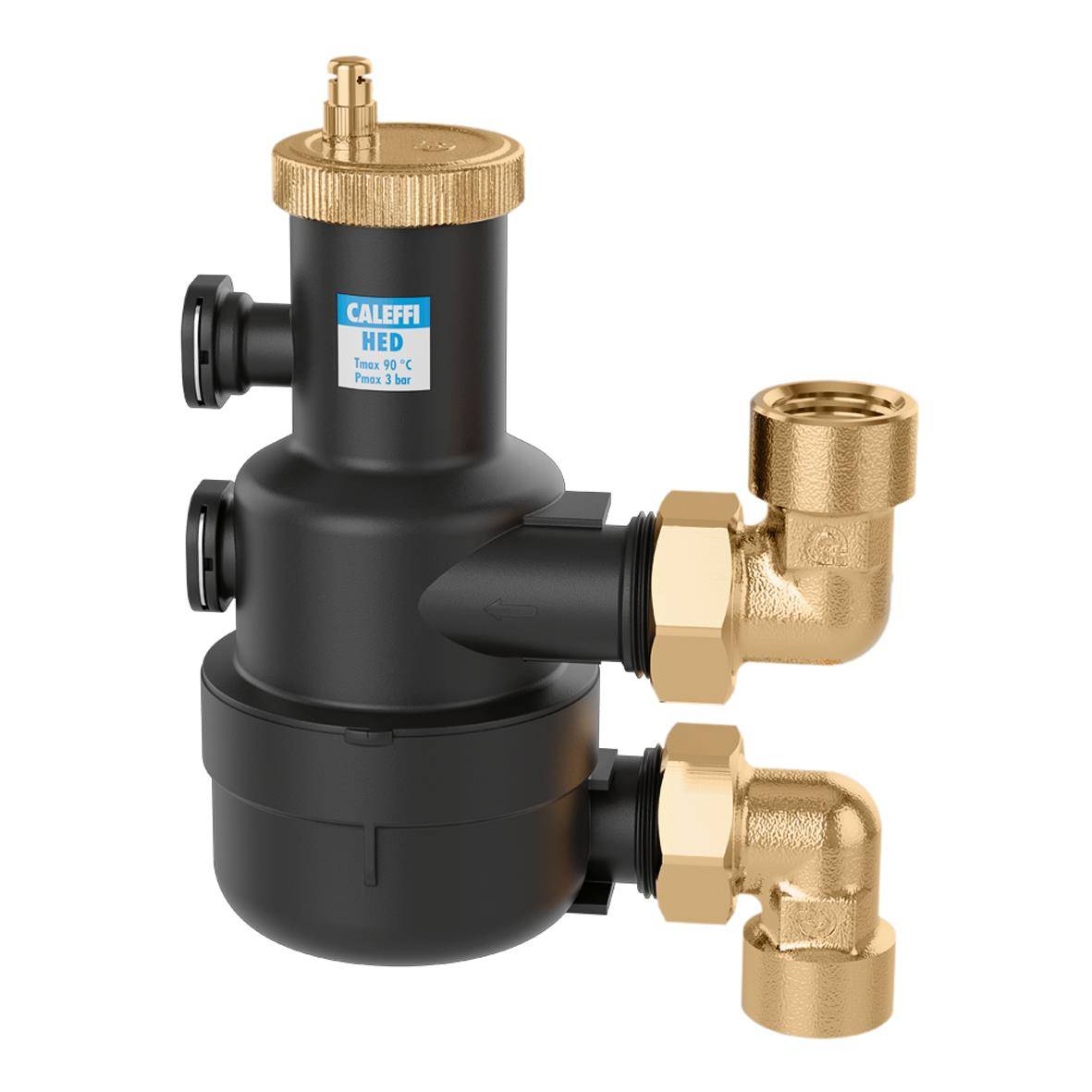 Schwarz-messingschieber Hydraulik-Luftabscheider mit zwei Seitenverbindungen und oberer Entlüftung, gekennzeichnet mit „CALEFFI HED