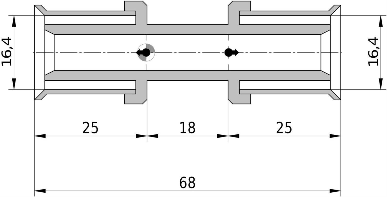 Technische Zeichnung eines zylindrischen Bauteils mit zwei Mittellöchern, mit den Abmessungen 68 Länge, 16,4 Durchmesser und Lochabstand 25-18-25.