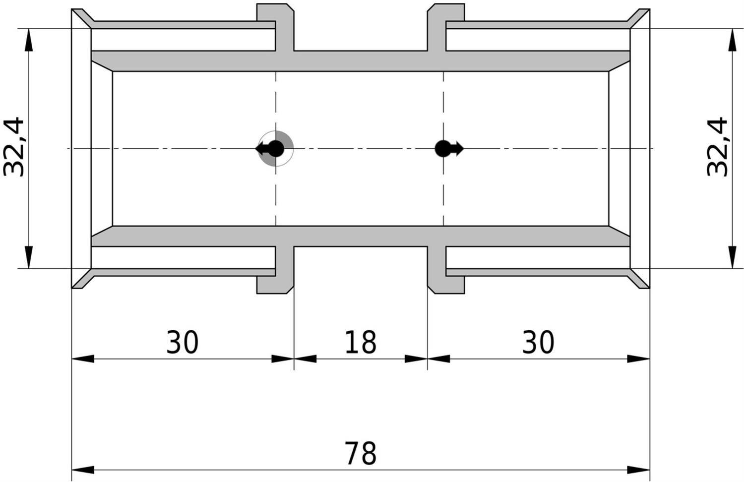 Technische Zeichnung eines symmetrischen Bauteils mit zwei mittigen Bohrungen; die Abmessungen umfassen 78 Gesamtbreite, 32,4 Höhe und 30-18-30 Abstände über die gesamte Breite.