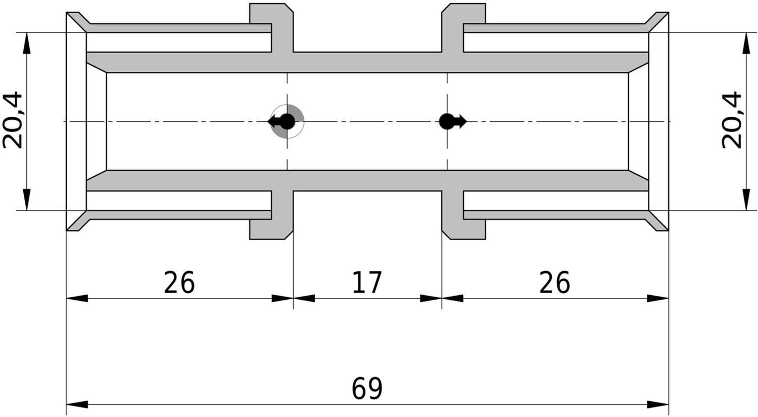 Technische Zeichnung eines zylindrischen Bauteils mit Schlüsseldimensionen: Gesamtlänge 69, innere Segmente 26-17-26 und Höhe/Durchmesser 20,4 an beiden Enden.
