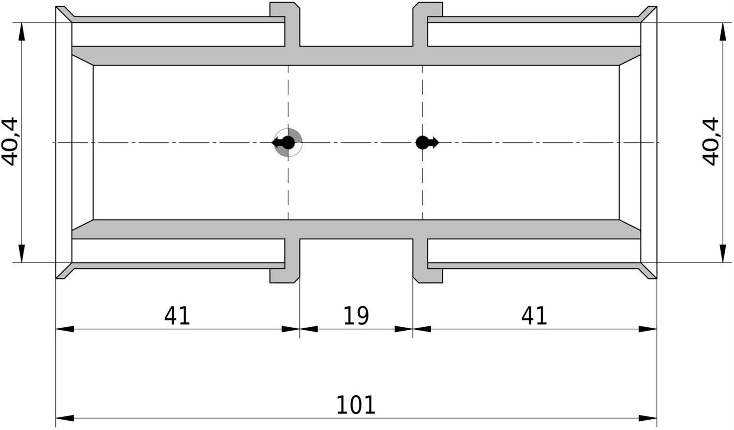 Technische Zeichnung eines rechteckigen Teils mit den Abmessungen 101 Breite mal 40,4 Höhe, mit einer zentralen Öffnung von 19 Breite und zwei gekennzeichneten Bohrungen.